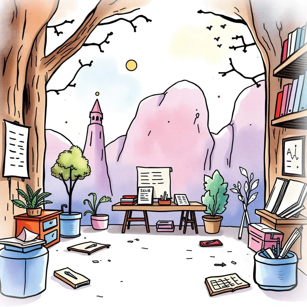 Requirement conflict detector: Identify contradictions within the requirements 1 A serene workspace filled with plants, papers, and a view of mountains, perfect for analysis tasks.