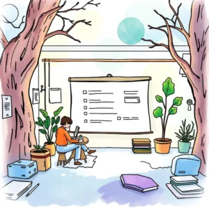 Person analyzing requirements in a serene, nature-inspired workspace setting.