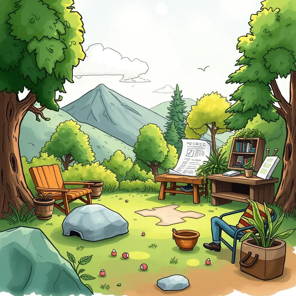 Requirements analyzer: Assess and categorize inputted user needs 1 A serene outdoor workspace depicting tools for the Requirements Analyzer process.
