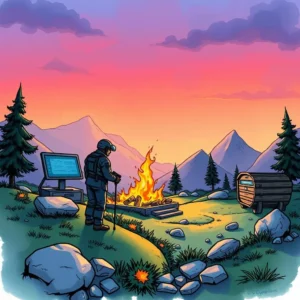 A hiker standing by a campfire with a digital screen in a serene mountainous landscape at sunset.