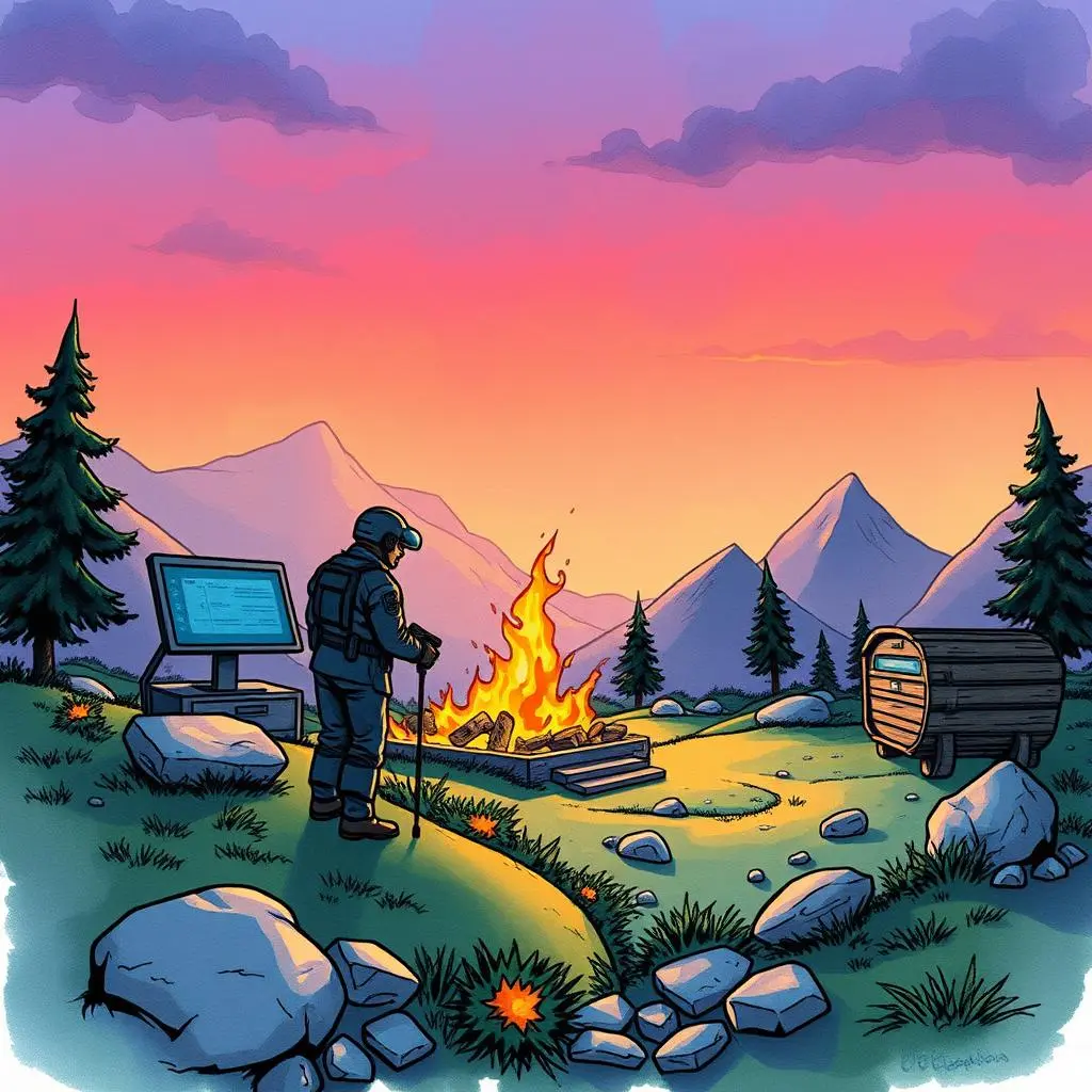 Requirements prioritization assistant: Prioritize requirements based on defined criteria 1 A hiker standing by a campfire with a digital screen in a serene mountainous landscape at sunset.