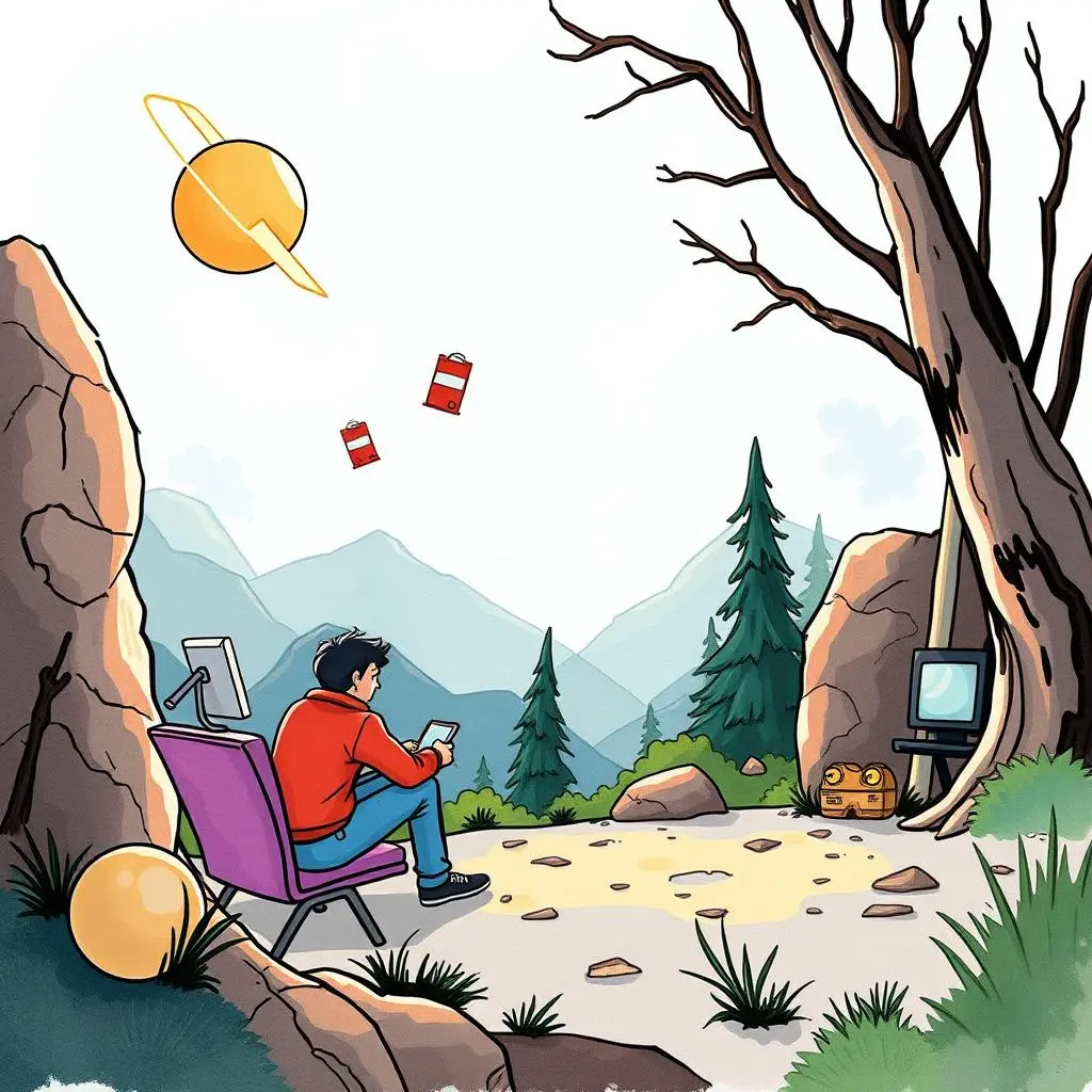 Requirements prioritizer: Rank user requirements based on importance 1 A person seated in a chair using a mobile device amidst a serene mountain landscape.