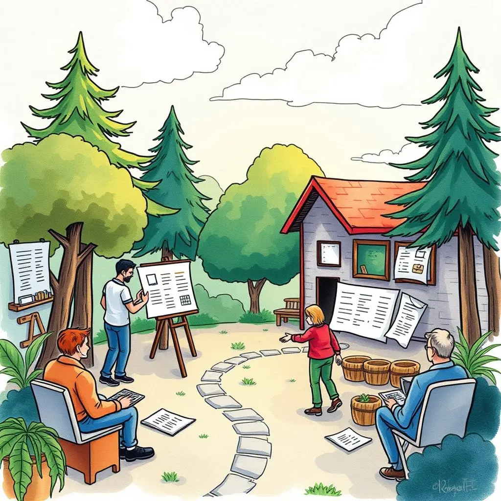 Stakeholder list builder: Generate a comprehensive stakeholder list from input 1 A person presenting a stakeholder list outdoors, surrounded by trees and engaged individuals.