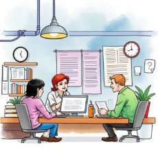 Creating stakeholder profiles during a collaborative meeting with team members in an office.