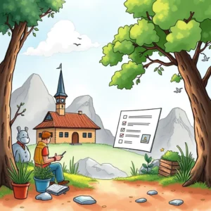 A focused Requirements Analyst reviews checklist in a serene outdoor setting featuring a cottage.