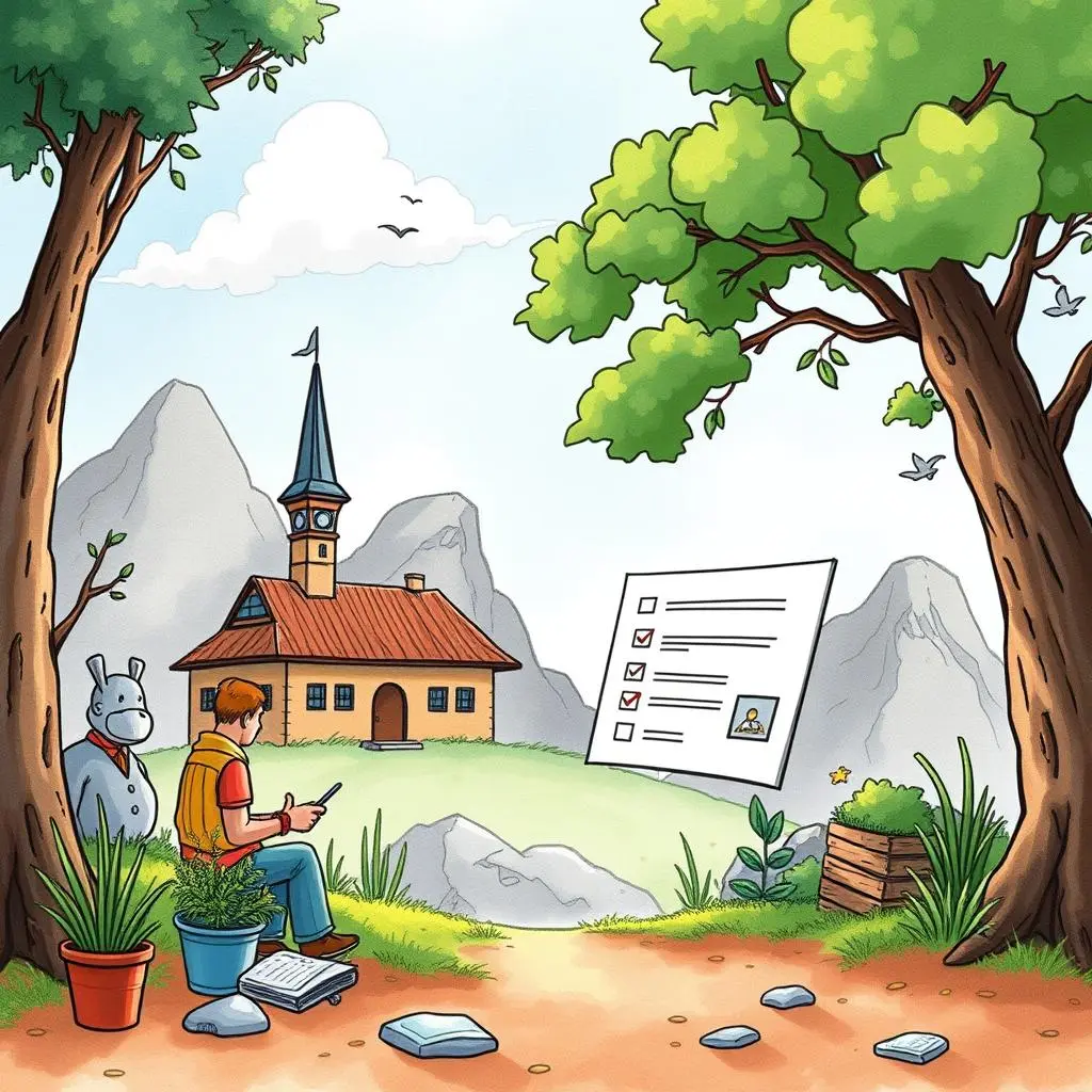 Traceability validator: Verify traceability between requirements and project goals 1 A focused Requirements Analyst reviews checklist in a serene outdoor setting featuring a cottage.
