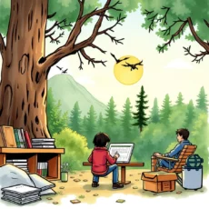 Two individuals analyzing requirements outdoors in a serene forest setting.