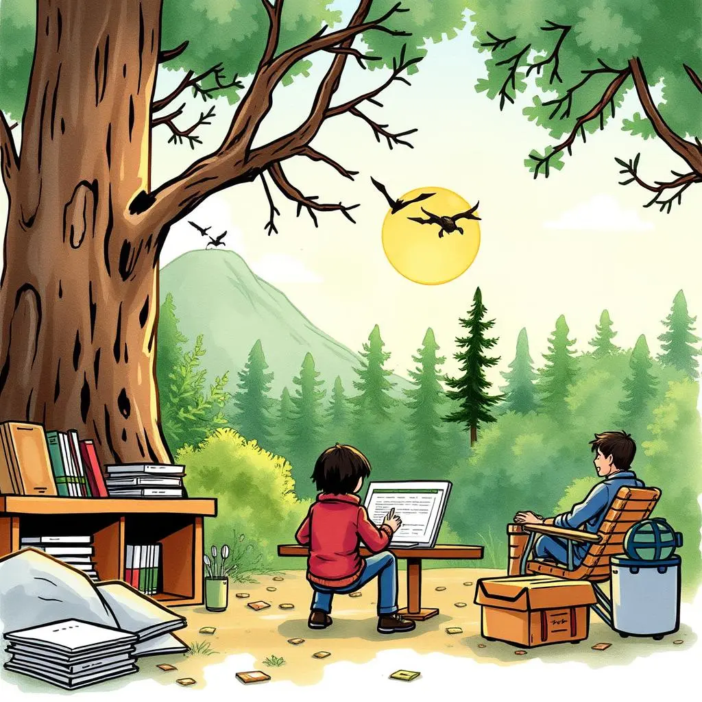 Validation text analyzer: Assess requirements for completeness and correctness 1 Two individuals analyzing requirements outdoors in a serene forest setting.