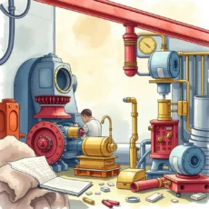 A mechanical engineer working on machinery with pipes, gauges, and components in a workshop.
