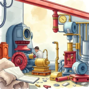 A mechanical engineer working on machinery with pipes, gauges, and components in a workshop.