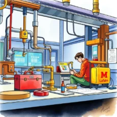 Engineer analyzing mechanical simulation results in a modern lab setting.