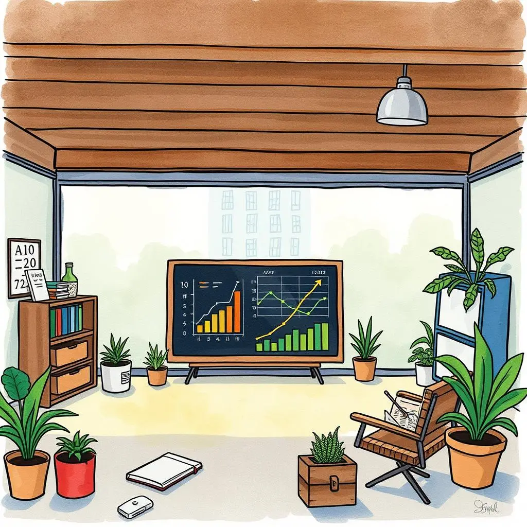 Modern office space displaying resource utilization graphs and charts.