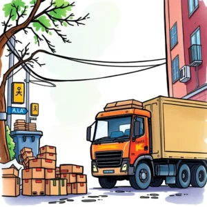 Customer refund inquiry responder: Automate responses to refund inquiries 6 Packed delivery truck near stacked boxes on a city street, symbolizing returns management process.