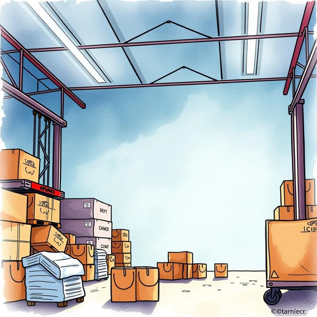 Inspection summary creator: Summarize findings from quality inspection reports 1 Warehouse setting with stacked boxes and organized returns management supplies.