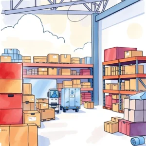 Inventory status reporter: Generate current inventory status summaries 7 Colorful illustration of a warehouse filled with organized inventory boxes.