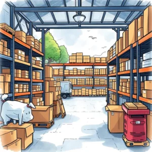 Inventory update assistant: Streamline and automate inventory record updates 1 A busy warehouse interior showing shelves of boxes, a delivery truck, and a dog on a crate.