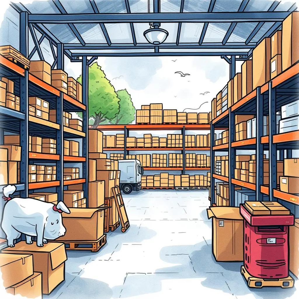 Inventory update assistant: Streamline and automate inventory record updates 1 A busy warehouse interior showing shelves of boxes, a delivery truck, and a dog on a crate.