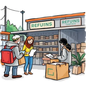 Refund communication script: Develop scripts for refund-related customer interactions 3 Customers interacting at a refund processing center with packages and documents.