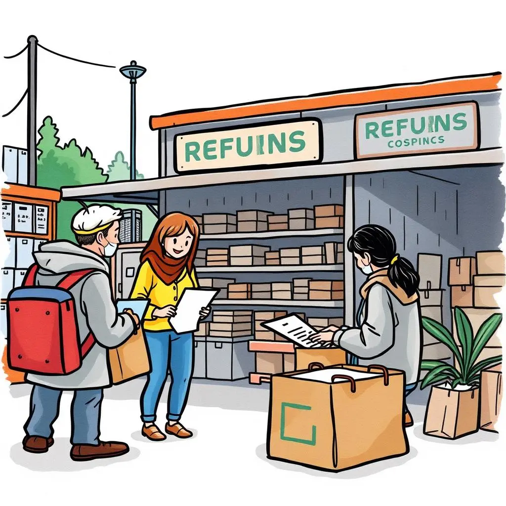 Refund communication script: Develop scripts for refund-related customer interactions 1 Customers interacting at a refund processing center with packages and documents.