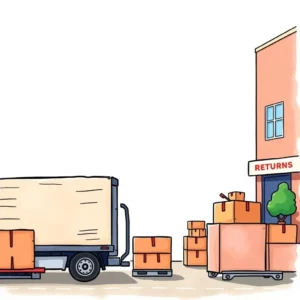 Refund policy summarizer: Summarize refund policies for quick understanding 9 A delivery truck parked near a building labeled "Returns" with stacked boxes around it.