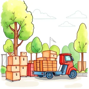 Cartoon illustration of a truck loaded with boxes in a park-like setting showcasing returns logistics.