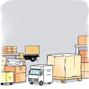 Cartoon illustration of a shipping area filled with boxes and a delivery truck for return shipment tracking.