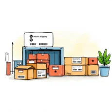 Illustration of boxes and labels in a return shipping environment.