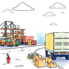 Illustration of a logistics yard with trucks and stacked shipping boxes.
