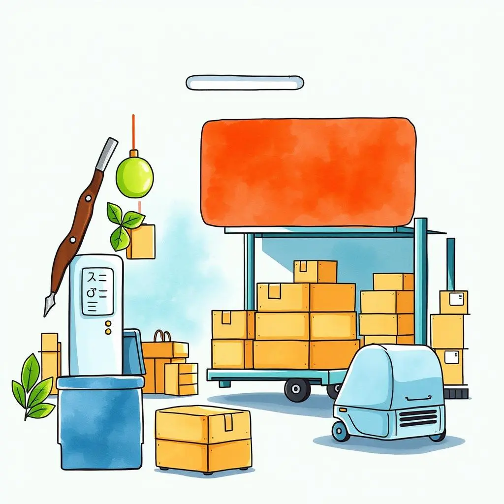 Stock adjustment notifier: Automatically report adjustments in stock levels 1 Illustration of a warehouse with packages and stock management tools.