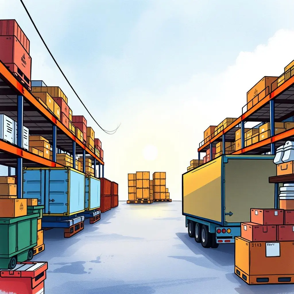 Stock reconciliation generator: Create reports for reconciling stock discrepancies 1 Warehouse scene depicting organized stock for reconciliation processes.
