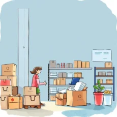 A busy Returns Processing area with a woman organizing boxes and inventory on shelves.