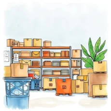 Illustration of a storage area filled with organized return boxes.