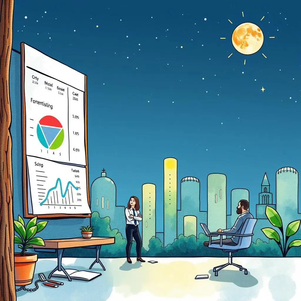 Forecast results formatter: Organize forecast information for professional presentation 1 Organized finance presentation with graphs and charts at night overlooking a city skyline.