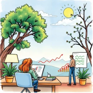 A professional overseeing revenue forecasts in a vibrant office setting with charts and graphs visible.