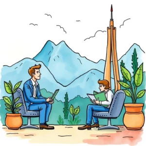 A detailed illustration of two professionals discussing strategies for sales growth in a serene outdoor setting.