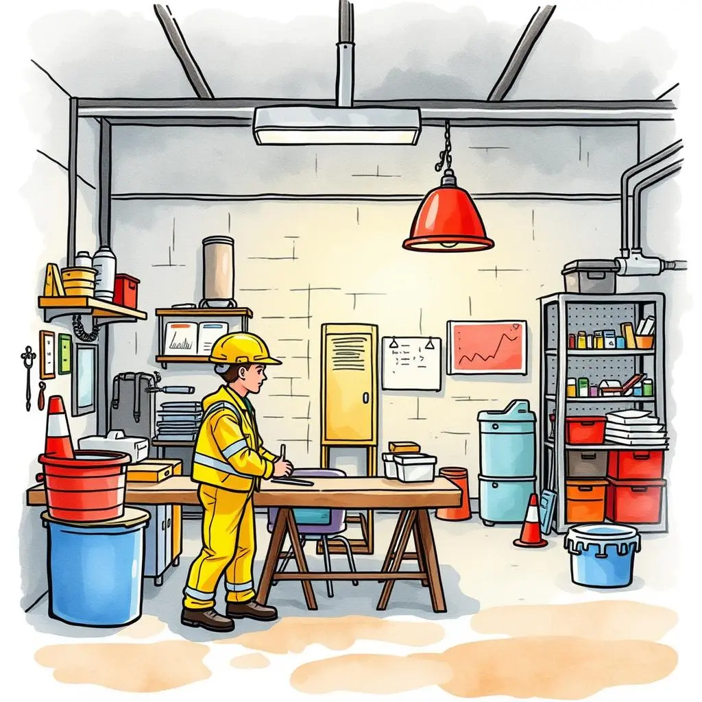 Control measure analyzer: Evaluate the quality of existing safety measures 1 A safety coordinator in a yellow uniform assessing measures in an EHS workspace.