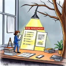 A professional reviewing a risk assessment document illuminated by a desk lamp in a corporate environment