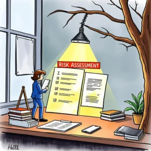 A professional reviewing a risk assessment document illuminated by a desk lamp in a corporate environment