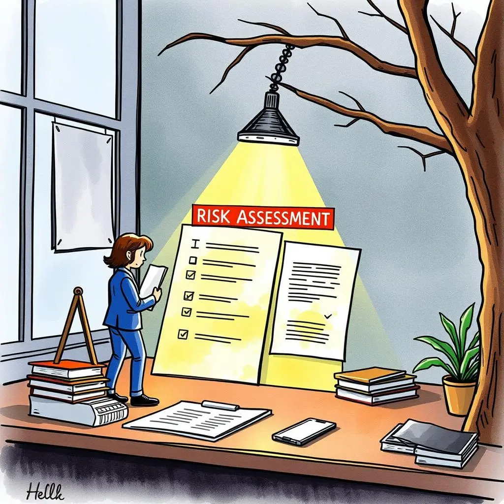External audit overview creator: Provide structured summaries of audit reports 1 A professional reviewing a risk assessment document illuminated by a desk lamp in a corporate environment