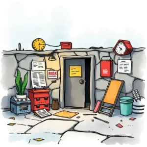 A creative workspace depicting a risk mitigation planning area with tools and materials.