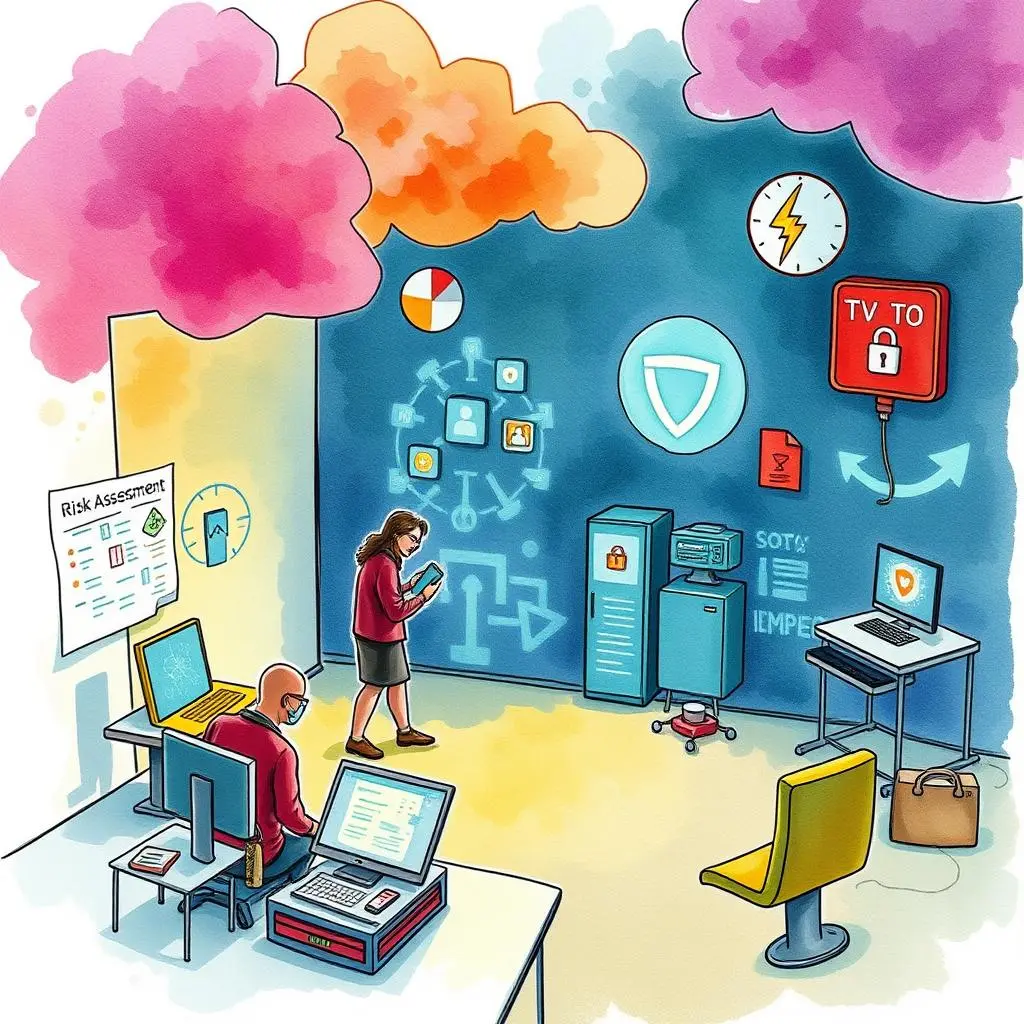 Threat awareness campaign builder: Design threat awareness campaigns 1 A vibrant office scene depicting a risk assessment campaign builder in action.