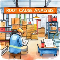 A worker in a helmet examines notes in a warehouse dedicated to Root Cause Analysis.