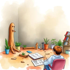Continuous improvement monitor: Document and monitor improvement outcomes 2 A thoughtful individual engages with a whimsical character in a plant-filled room dedicated to root cause analysis.