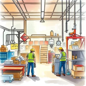 Two workers in a manufacturing facility engaging in lean principles planning.