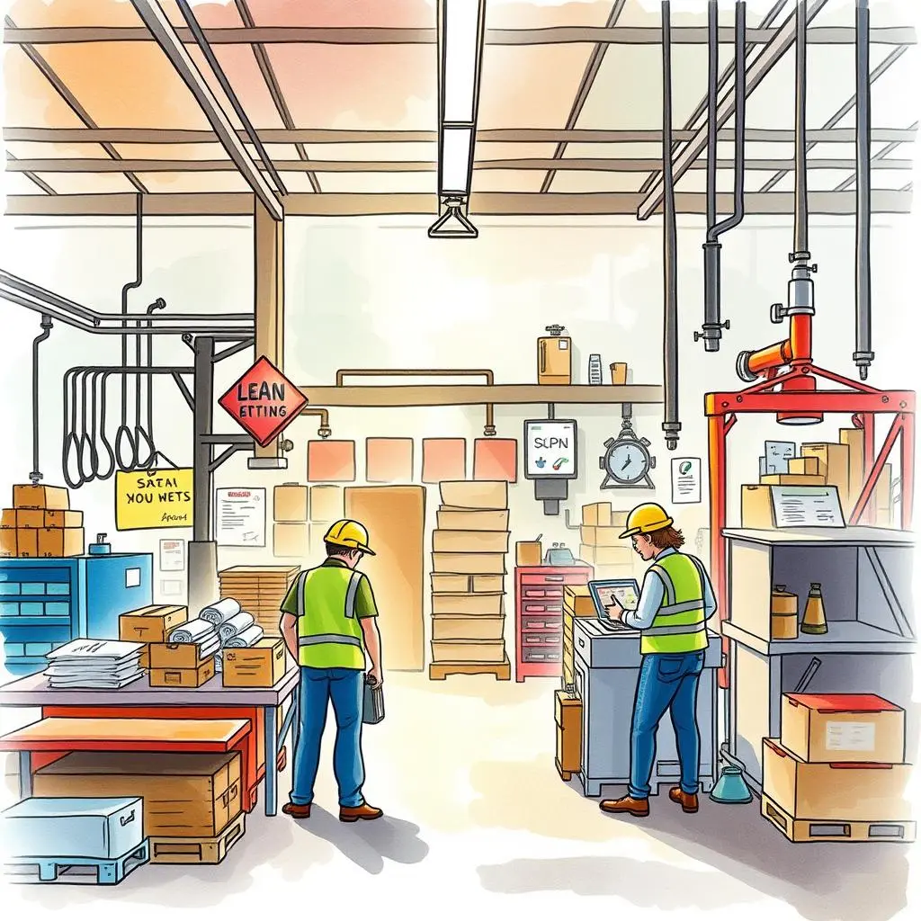 Manufacturing success metrics planner: Plan essential metrics for production success 1 Two workers in a manufacturing facility engaging in lean principles planning.