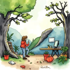 A person in a red jacket observing a serene workspace surrounded by nature.
