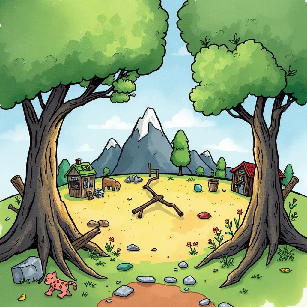 A serene landscape with trees, mountains, and small structures, ideal for process improvement visuals.