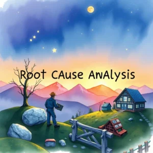 Process solution synthesizer: Combine ideas to form effective solutions 1 Root Cause Analysis in a serene landscape with a person examining solutions at sunset