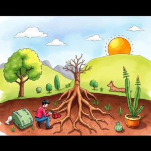 Root cause discovery app: Uncover hidden causes through text analysis 5 A person analyzing tree roots in a vibrant landscape, symbolizing root cause discovery.