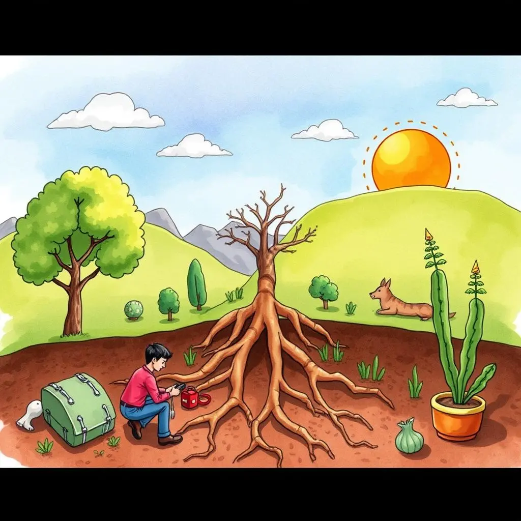 Root cause discovery app: Uncover hidden causes through text analysis 1 A person analyzing tree roots in a vibrant landscape, symbolizing root cause discovery.